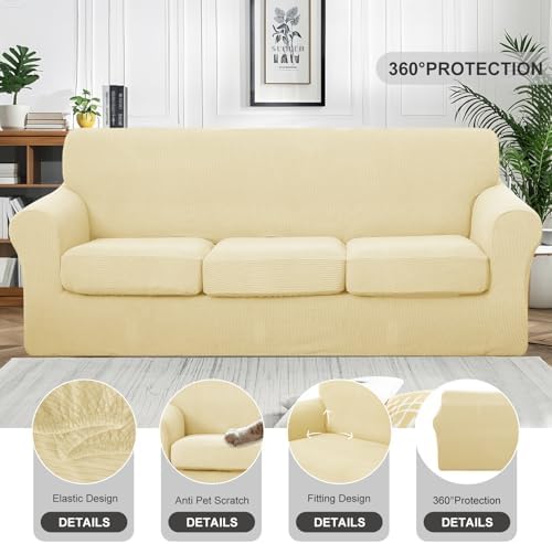 4 Pieces Stretch Couch Cover for Sofa, 3 Cushion, Beige