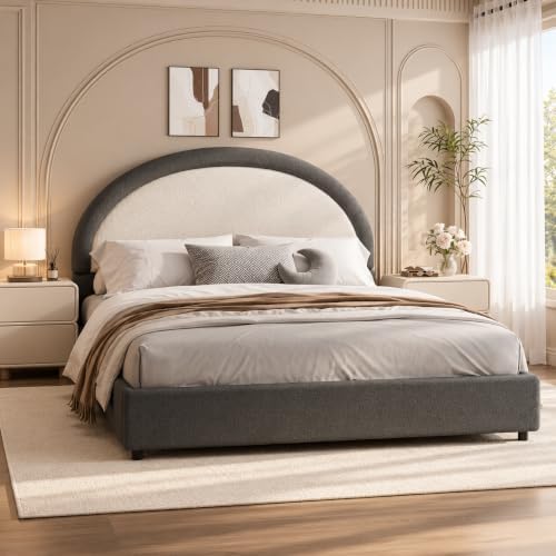 REVOMINCA Queen Upholstered Bed Frame, Boucle Queen Bed Frame with Headboard, Grey Bed Frame, Soft Rounded Corners, No Box Spring Required, Easy Assembly