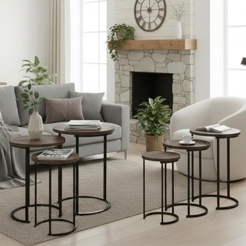 Lavish Home Round Nesting Tables Set of 6, Woodgrain-Look Top, Gray-Brown