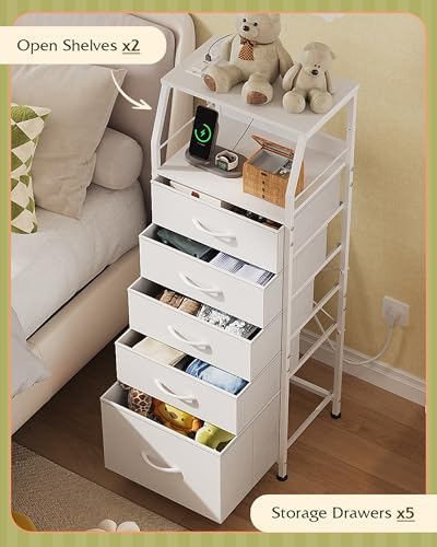 WLIVE Night Stand with Charging Station, White LED 5 Drawers Bedside Table