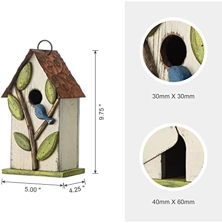 Glitzhome 9.7" H Hanging Birdhouse for Outdoor Patio Garden Decorative Pet Cottage Distressed Wooden Bird House for Finch Swallow Wren Chickadee, Leaves Rustic White