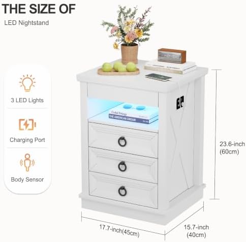 Farmhouse Nightstand with Gun Drawer,Bedside Table with Charging Station and Human Body Senor,3 LED Lights Night Stand with 3 Drawers and Open Shelf,End Side Table for Bedroom(White)