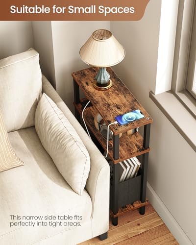 CHOEZON Set of 2 End Tables with Charging Station, Narrow Side Table for Small Spaces, Slim Nightstand with Basket, Skinny Bedside Table, for Living Room, Bedroom, Rustic Brown and Black TBZ07UP2BF