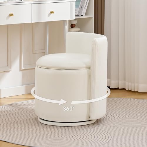 WUTUTUEE Faux Leather Vanity Chair with Storage, 360° Swivel Makeup Chair with Pleated Back, No Assembly Small PU Accent Stool for Bedroom, Dressing Room, Living Room, White