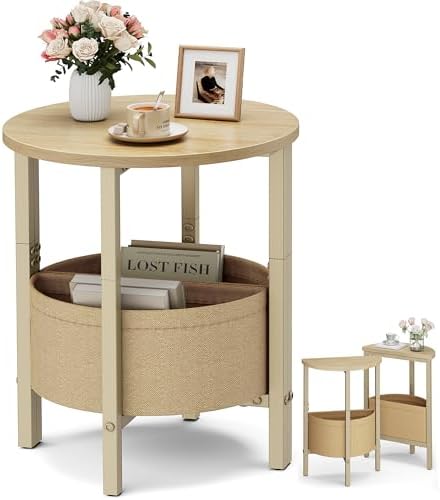 Vagusicc Small Round Side Table End Table, Tall Accent Table with Storage Basket, Set of 2 Half Round Tables Half Moon Tables, Coffee Bedside Tables, Modern Nightstand for Living Room Bedroom,Natural