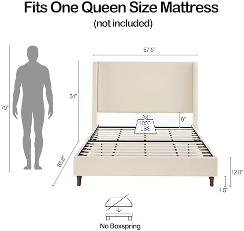 Queen 54" Tall Headboard Wingback Upholstered Platform Bed Frame Elegant Simplicity for Kids Teens Adults Bedroom Strong Wood Slats Support No Box Spring Needed Easy Assembly Ivory Boucle