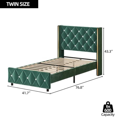 HOMBCK Twin Bed Frame with Velvet Headboard, Goldside Wingback, Green