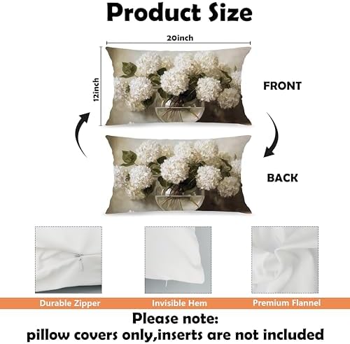 Vintage White Hydrangea Floral Pillow Cover 12x20, Country Farmhouse Neutral Floral Still Life Decorative Lumbar Pillow Cover for Couch Bed Living Room Bedroom