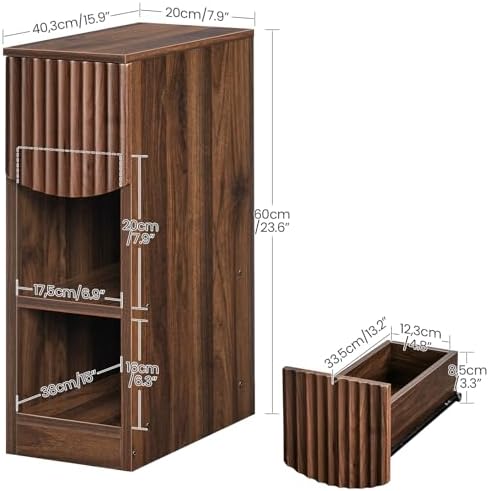 CHOEZON Narrow Fluted Nightstand, Slim Nightstand with Drawer and Open Shelves, 7.9" Skinny Side Table, Bedside Table for Small Spaces, Floating End Table for Bedroom, Living Room, Walnut MBZ18HT