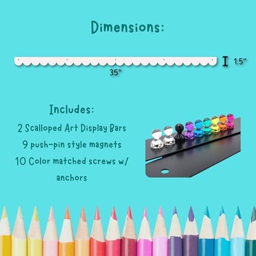 Scalloped Magnetic Art Display for Kids Artwork & Photos (Set of 2) – Kids Artwork Display for Wall – Magnetic Photo Display Strips with Push-Pin Magnets (White, 35in)