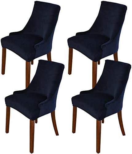MIFXIN Velvet Wingback Chair Cover Slipcover Stretch Washable Sloping Armchair Dining Chair Protector Seat Cover for Dining Room Banquet Home Party Decor (Set of 4, Navy Blue)