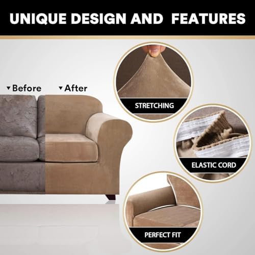 PrinceDeco Velvet Couch Covers for Sofa Soft 4 Pieces Couch Covers for 3 Cushion Couch Sofa Pet Friendly Furniture Protector with Non Slip Elastic Bottom Width Up to 97 Inch (Large Sofas, Camel)