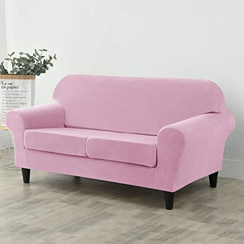 OBCREAT 3 Pieces Sofa Slipcover Stretch Velvet Sofa Covers for 2 Cushion Couch Loveseat Covers Soft Couch Cover with Elastic Bottom Non Slip Furniture Protector for Pets Kids (Pink, Medium)