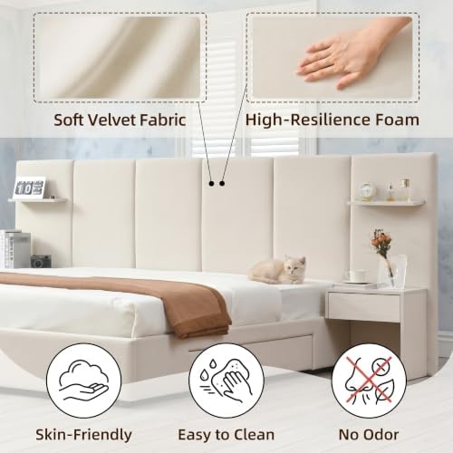 King Size Bed Frame with Storage & Built-in Nightstands & Drawers, Beige