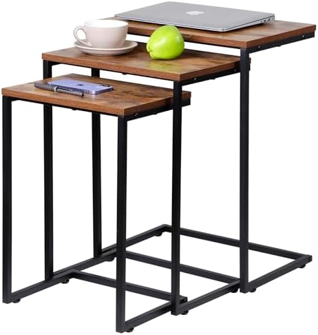 SUPER DEAL Nesting Tables Set of 3, Industrial C Shaped End Table Stackable Coffee Table Heavy Duty Metal Frame for Small Space, Living Room, Bedroom, Side Table Tray for Laptop Snack, Rustic Brown