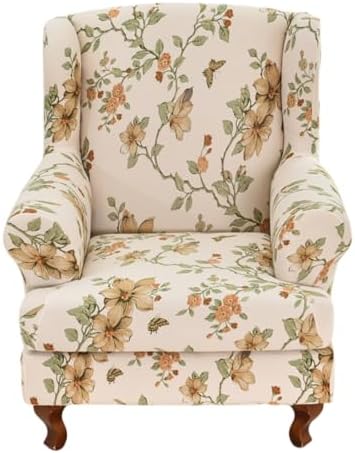 HAOYONG Wing Chair Slipcovers Stretch Wingback Chair Covers Printed 2 Pieces Wingback Armchair Slipcover Elastic Chair Slip Covers Washable Armchair Protector Cover for Living Room and Bedroom