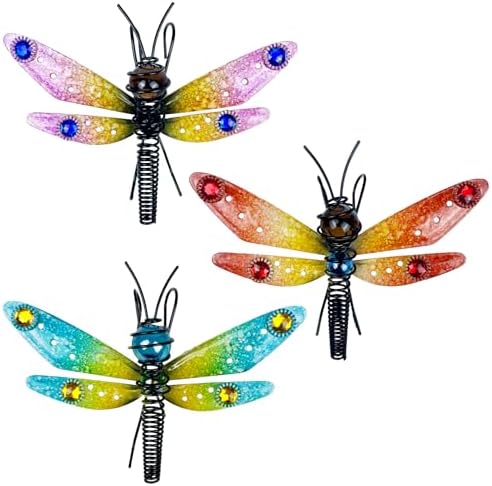 3Pcs Dragonfly Decorations for Flower Pots - Iron and Glass Painted Hanging Dragonflies Ornaments, Plant Pot Potted Hanger Figurines, Outdoor Garden Pendant Decor