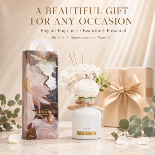 Cocorrína Clean Linen Flower Reed Diffuser Set, 6.7oz Home Fragrance with Sticks, Long Lasting Scented Diffuser for Bathroom, Bedroom, Living Room & Shelf Decor