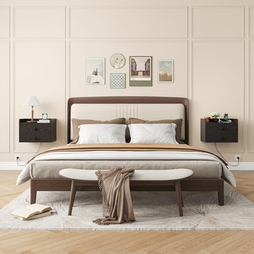 Floating Nightstand Set of 2 with 2 Storage Drawers and Charging Station