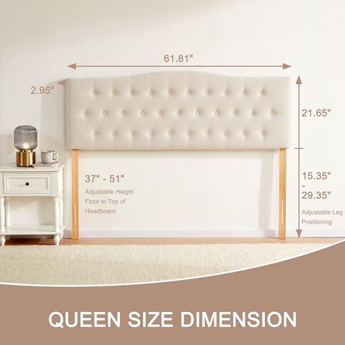 Tufted Headboard Queen Size, Solid Wood Adjustable Height Head Board, Beige