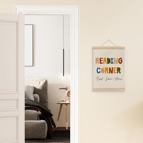 MAQIKA Reading Corner Poster Framed with Wood Hanger, Kids Reading Nook Hanging Wall Decor, Nursery Library Sign Canvas Wall Art Paint for Playroom School 12x16