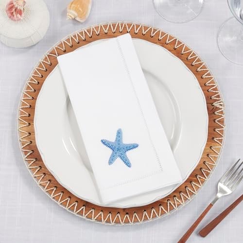 Handmade Seaside Starfish Embroidery Napkin with Hemstitched Border (Set of 6)