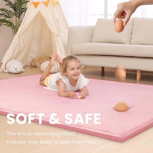 Huloo Sleep Ultra Soft Baby Play Mat for Floor,1.3" Thick Elasti-Foam 47x47 Play Mat for Playpen,Water-Repellent Coral Velvet for Tummy Time, Non-Slip Backing Safe for Toddlers & Infants（Pink）