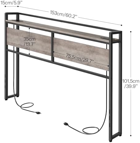 HOOBRO Queen Size Headboard, Headboard with 2 Outlets and 4 USB Ports, Adjustable Height, Storage Rack, Sturdy and Stable, Easy Assembly, Greige and Black