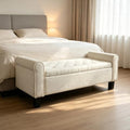 51 Inch White Linen Storage Ottoman Bench with Rolled Armrests