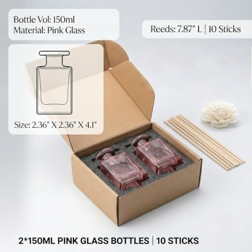 2 Pack 150ml Glass Reed Diffuser Container with Reed Sticks, Empty Essential Oil Diffuser Jars with Protective Packaging for DIY Home Fragrance, Bathroom, Bedroom and Office Decor(2, Blush Pink)