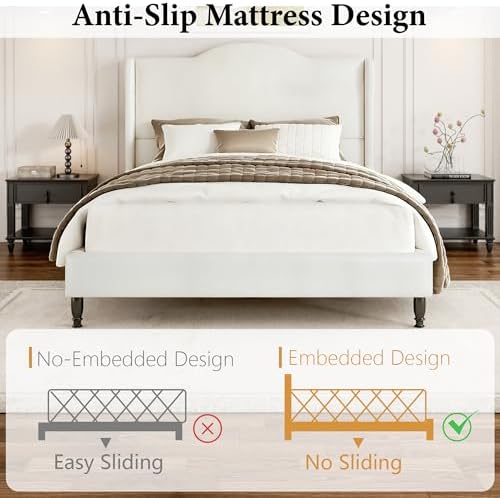 Upholstered Bed Frame with Tall Headboard, Leather Full Platform Bed Frame with Wingback Sides, Wood Slats Support, Noise-Free Design, No Box Spring Needed, Easy Assembly, White