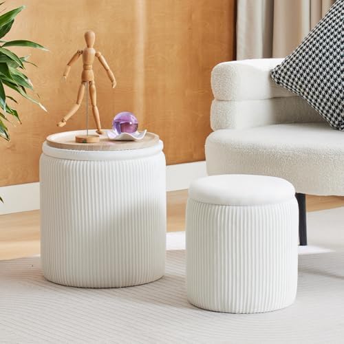 BLEXA Round Ottoman with Storage Set of 2-White Velvet Vanity Stool