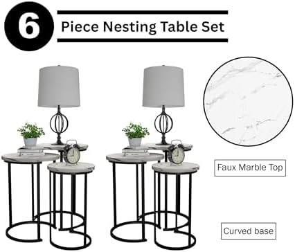Lavish Home Round Nesting Tables Set of 6, Faux Marble Tabletop, White