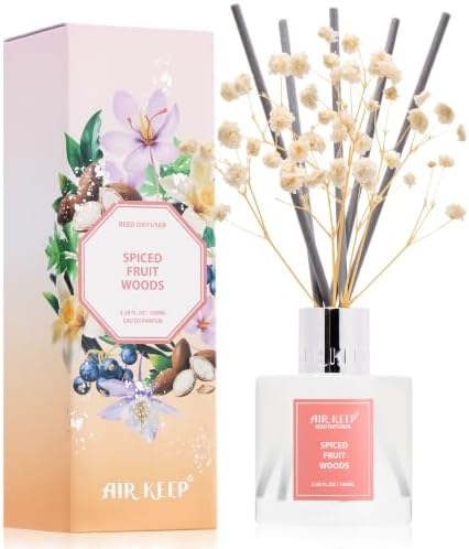 Airkeep Reed Diffuser Set,3.38 fl oz (100 ml) - Spiced Fruit Woods Oil Diffusers with 8 Reed Sticks, Home Fragrance Reed Diffuser for Bathroom Shelf Decor