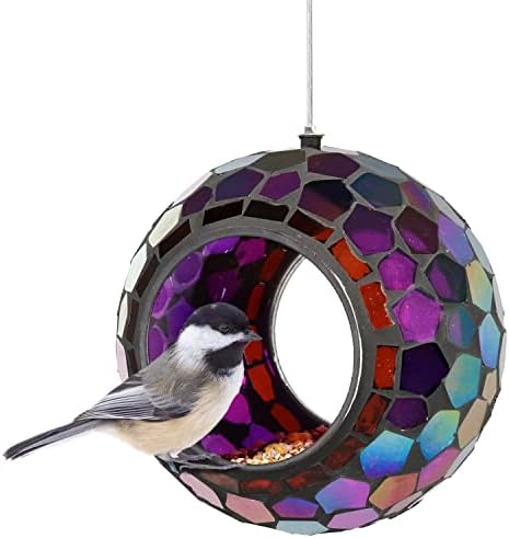 Sunnydaze Mosaic Glass Bird Feeder for Outdoors, Iridescent Purple Mosaic