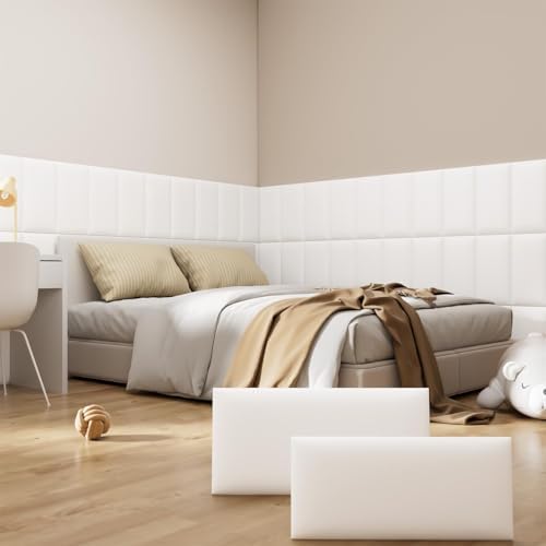 Peel and Stick Headboard White Upholstered Wall Panels, 6 Panels Sized 7.8" x 15.7", 3D Anti-Collision Soundproof Self-Adhesive Wall Panel for Bedroom