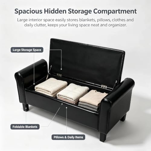 51 Inch Black Faux Leather Storage Ottoman Bench with Rolled Armrests