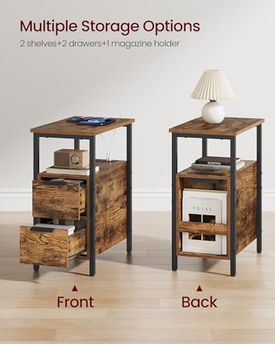 VASAGLE Side End Table with Charging Station, Slim Nightstand with Storage