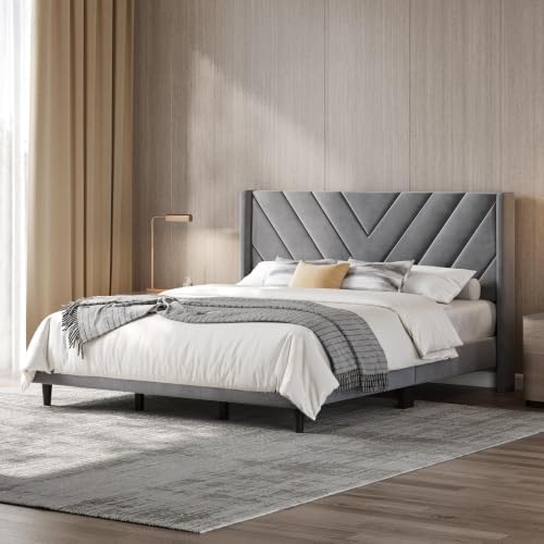 Yaheetech King Bed Frame with Chevron Channel-Tufted Headboard, Light Gray
