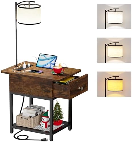 runjuly Floor Lamp with Table, Narrow Side Table with Charging Station