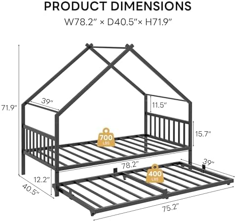 LIKIMIO Daybed with Trundle, House Twin Bed Frame for Bedroom, Black