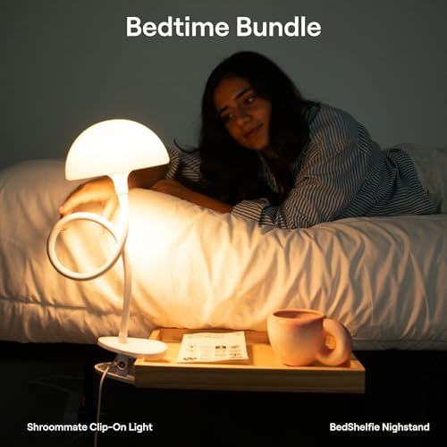 Smallish BedShelfie 2-Pack: Shroommate & Flexfit - Clip On Light and Bedside Shelf for Bunk Bed & Top Bunk, College Dorm Room Essentials, Nightstand, Floating Bed Side Table, LED Lights for Bedroom
