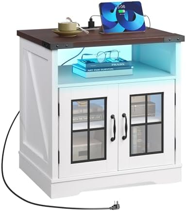 WLIVE Farmhouse End Table with Charging Station & LED Light for Living Room