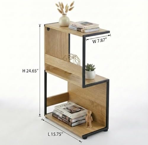 Bookshelf, Small End Table, S Shape Bookcase W/ 2-Layer Storage Shelves, Sofa Side Table for Small Spaces, Nightstand for Bedroom, Living Room, Stable Frame, Oak