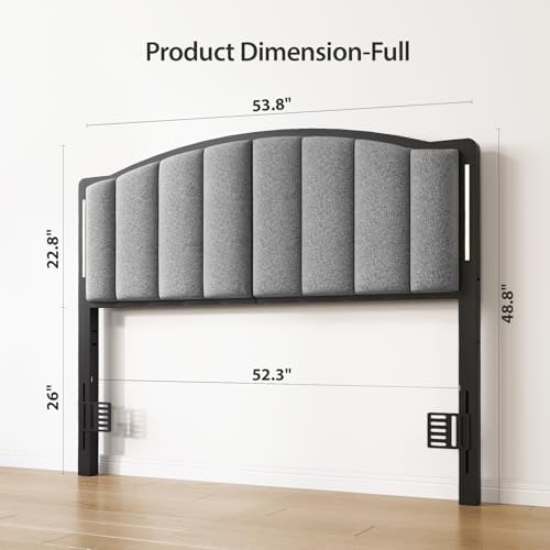 Upholstered Tufting Headboard for Full Size Bed with Lights, Grey