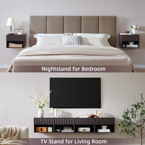 BuildHom Floating Nightstand Set of 2 with Fluted Drawer, Bedside Table
