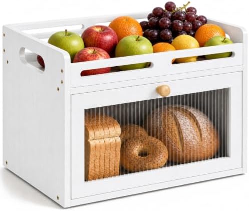 Bread Box for Kitchen Countertop, Bamboo Storage with Top Shelf, White