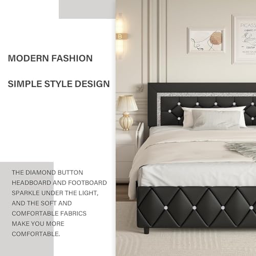 BarnFurin King Size Bed Frame and Headboard, Faux Leather Upholstered Bed with Diamond Tufted Design, Modern Platform Bed Frame with Wooden Slats Support, No Box Spring Required, Easy Assembly, Black