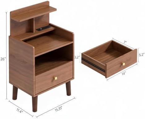 PARTPHONER Mid-Century Modern Small Nightstand with Charging Station, 15.4" Wide Narrow Side Bedside Table with 2 Drawers, Storage Shelf End Table for Bedroom, Living Room