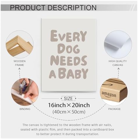 Wrapped Framed Fun Kids Quotes Canvas Posters Every Dog Needs A Baby Wall Art Modern Trendy Minimalist Toddler Prints Playing Print For Nursery Room Wall Decor 16x20 inch